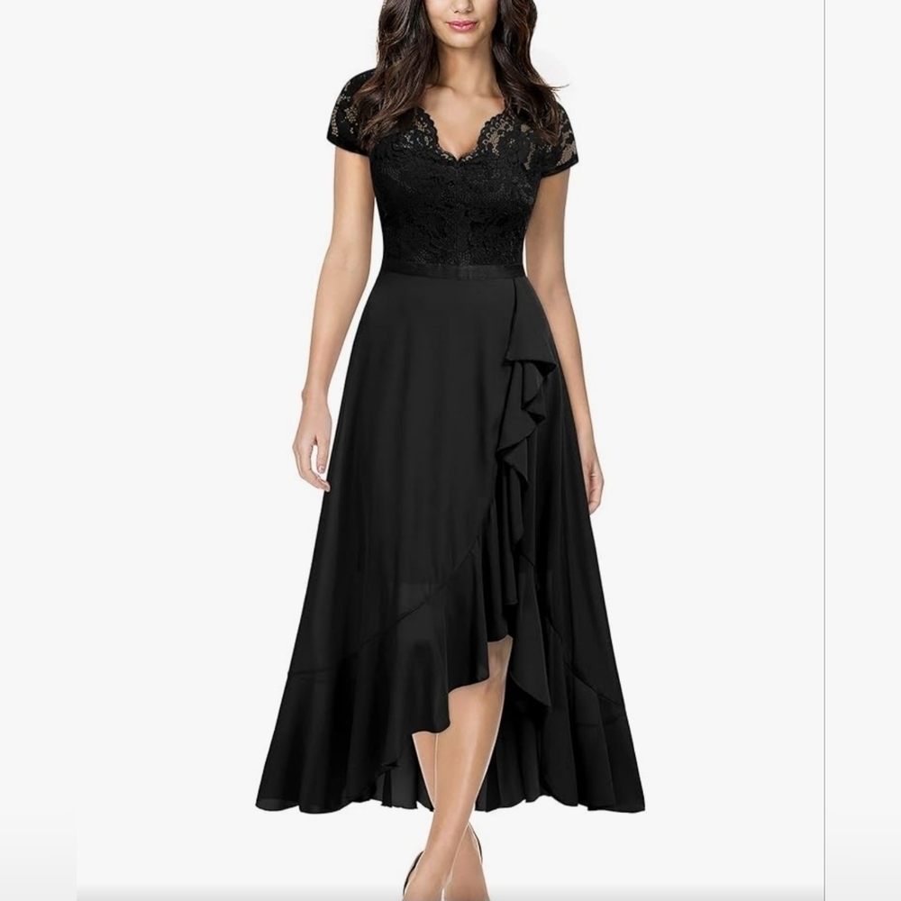 Miusol Formal Bridesmaid Lace V-Neck Coquette Ruffle Black Whimsigoth Maxi Dress